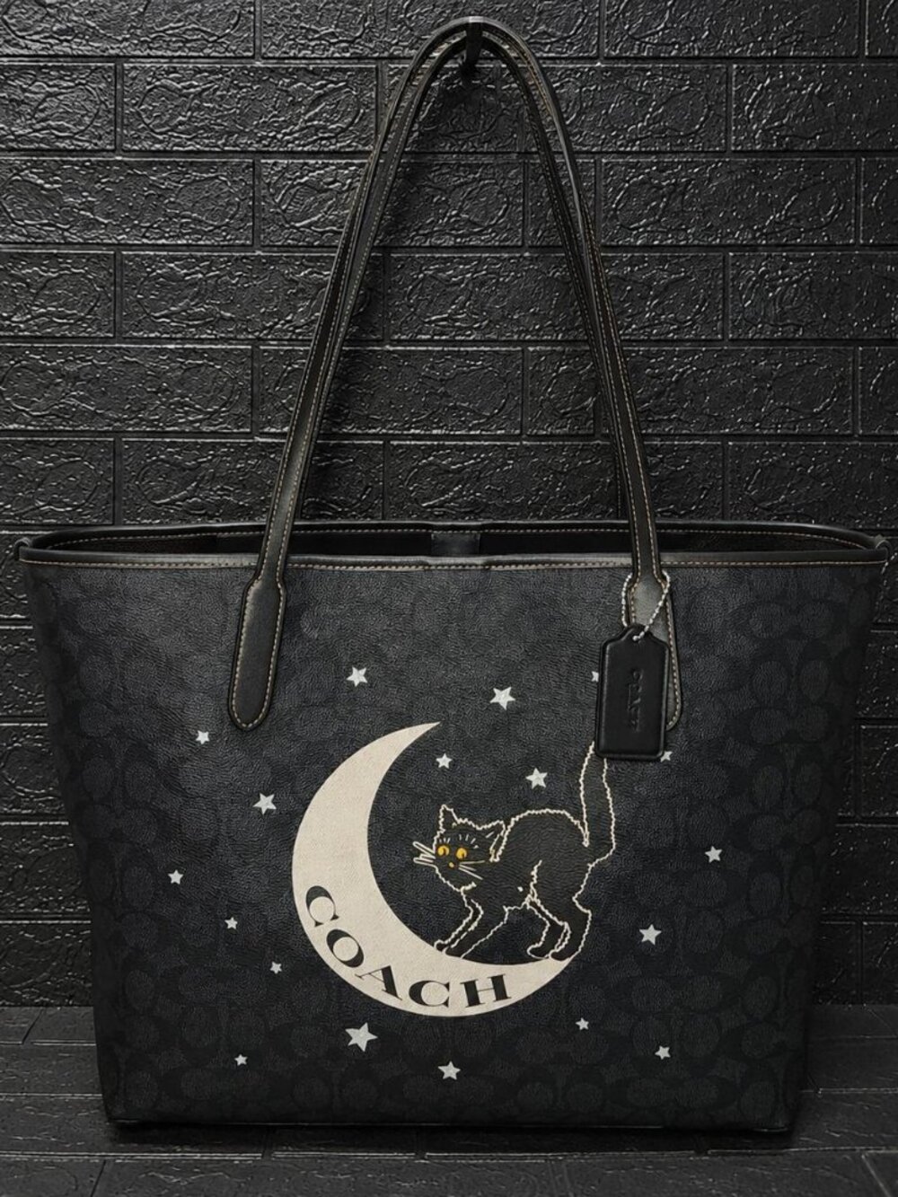 COACH Halloween Black Cat Moon Signature City Tote Bag